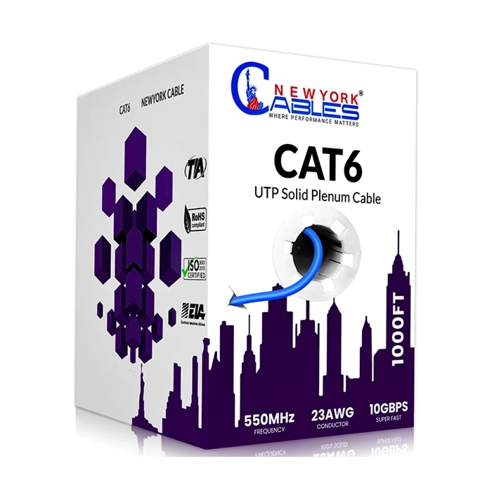 1000ft Cat6 Plenum CCA Cable UTP CMP Rated 23 AWG 550 MHz Pull Box